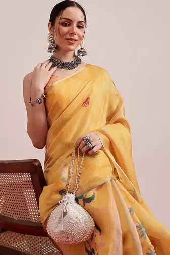 Yellow printed silk cotton ethnic saree with blouse piece
