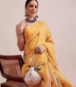 Yellow printed silk cotton ethnic saree with blouse piece