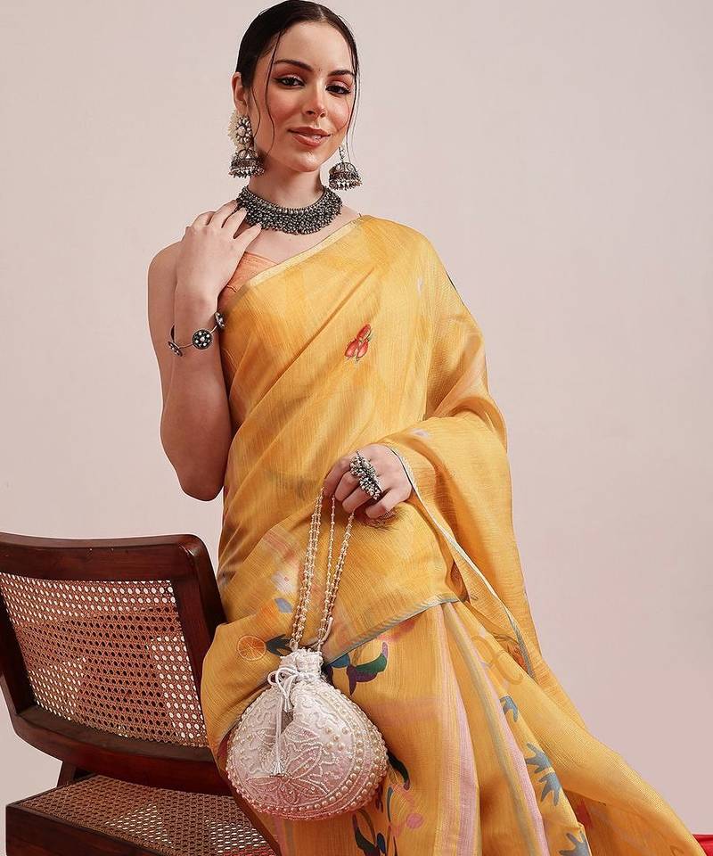 Yellow printed silk cotton ethnic saree with blouse piece