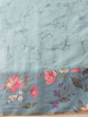 Blue printed silk cotton ethnic saree with blouse piece 5