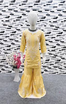 yellow heavy rayon cotton ethnic wear set with embroidery work - designer party wear 4