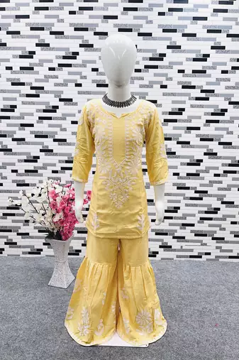 yellow heavy rayon cotton ethnic wear set with embroidery work - designer party wear
