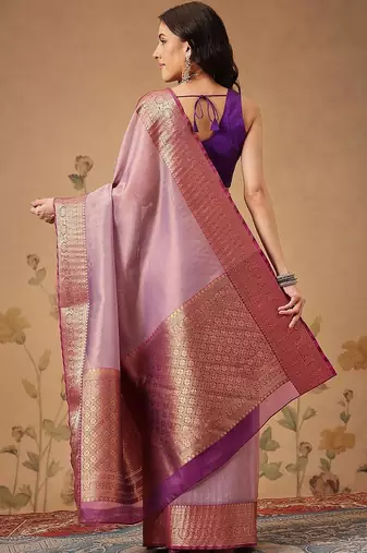 Lavender zari tissue traditional saree with blouse piece