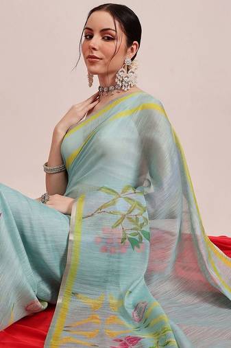 Blue printed silk cotton ethnic saree with blouse piece