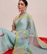 Blue printed silk cotton ethnic saree with blouse piece