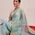 Blue printed silk cotton ethnic saree with blouse piece
