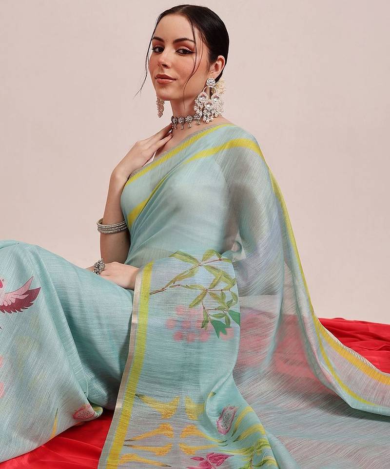 Blue printed silk cotton ethnic saree with blouse piece