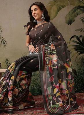 Black printed silk cotton ethnic saree with blouse piece 3