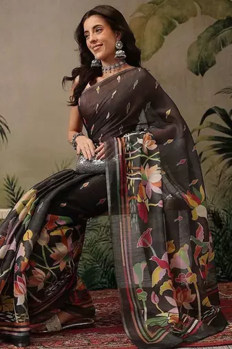 Black printed silk cotton ethnic saree with blouse piece