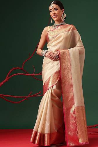 Cream zari tissue traditional saree with blouse piece
