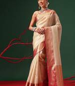 Cream zari tissue traditional saree with blouse piece