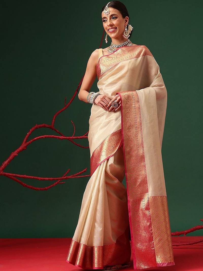 Cream zari tissue traditional saree with blouse piece