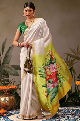 White printed silk blend ethnic saree with blouse piece