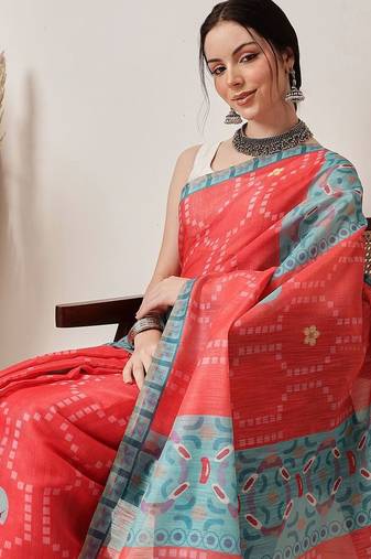 Red printed silk cotton ethnic saree with blouse piece