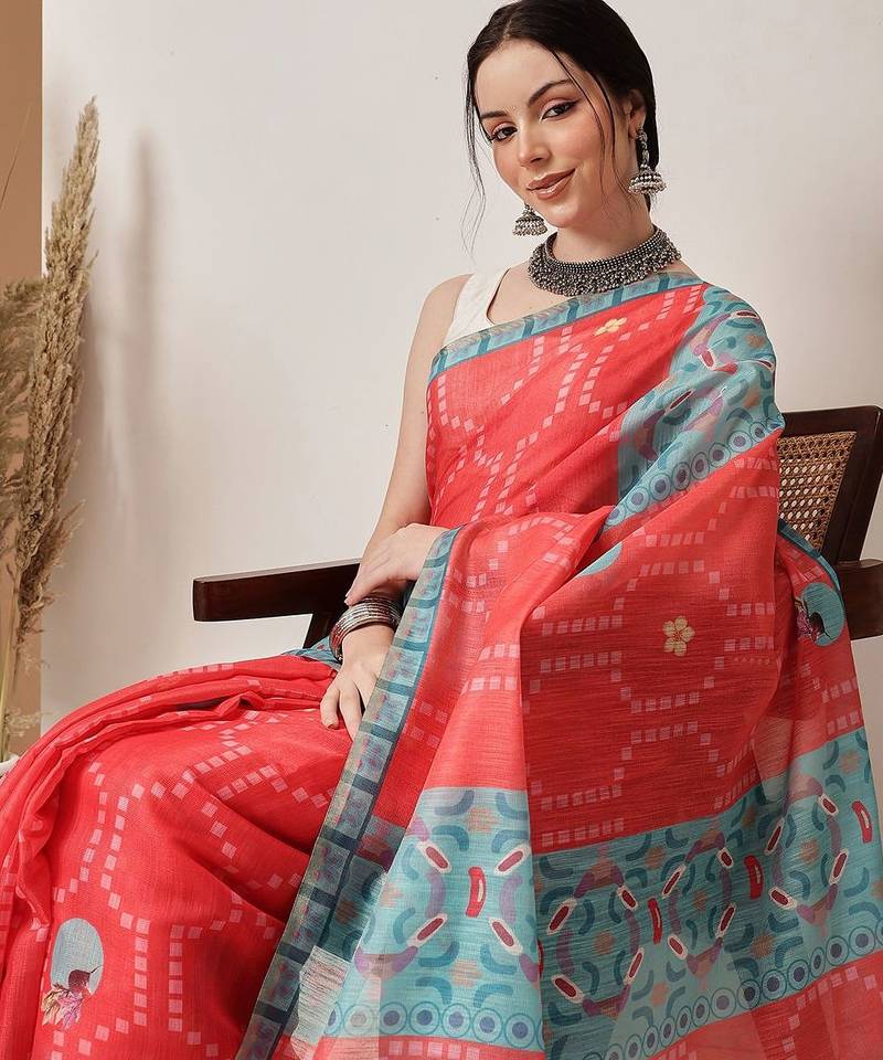 Red printed silk cotton ethnic saree with blouse piece