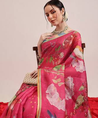 Pink printed silk cotton ethnic saree with blouse piece 1