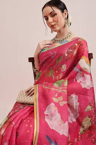 Pink printed silk cotton ethnic saree with blouse piece