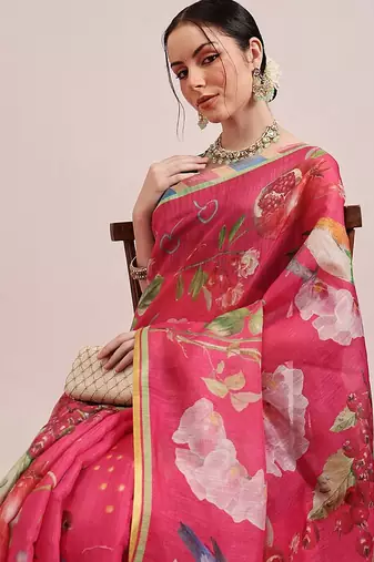 Pink printed silk cotton ethnic saree with blouse piece