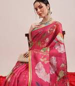 Pink printed silk cotton ethnic saree with blouse piece