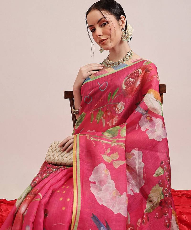 Pink printed silk cotton ethnic saree with blouse piece