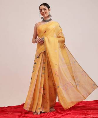 Yellow printed silk cotton ethnic saree with blouse piece 2
