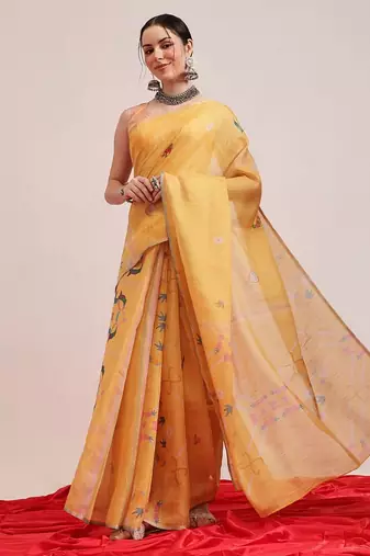 Yellow printed silk cotton ethnic saree with blouse piece