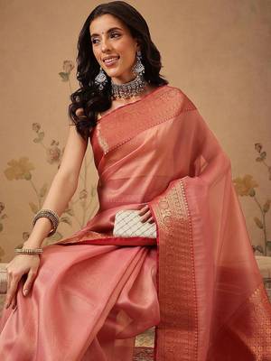Pink woven tissue party wear saree with blouse piece 2
