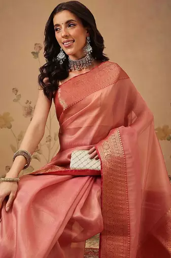 Pink woven tissue party wear saree with blouse piece
