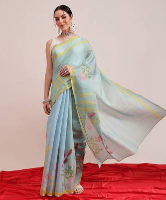 Blue printed silk cotton ethnic saree with blouse piece 2