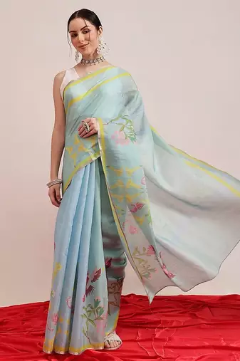 Blue printed silk cotton ethnic saree with blouse piece
