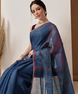 Blue printed silk cotton ethnic saree with blouse piece 1