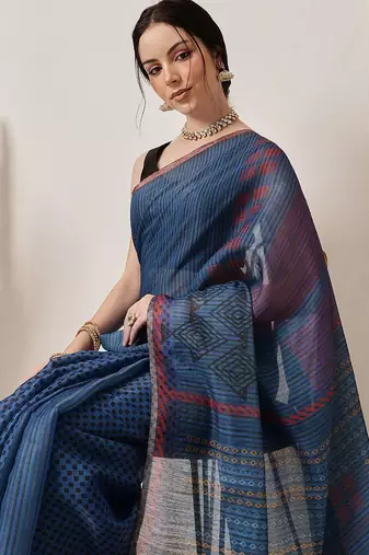 Blue printed silk cotton ethnic saree with blouse piece