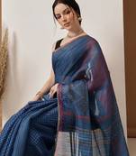 Blue printed silk cotton ethnic saree with blouse piece