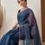 Blue printed silk cotton ethnic saree with blouse piece