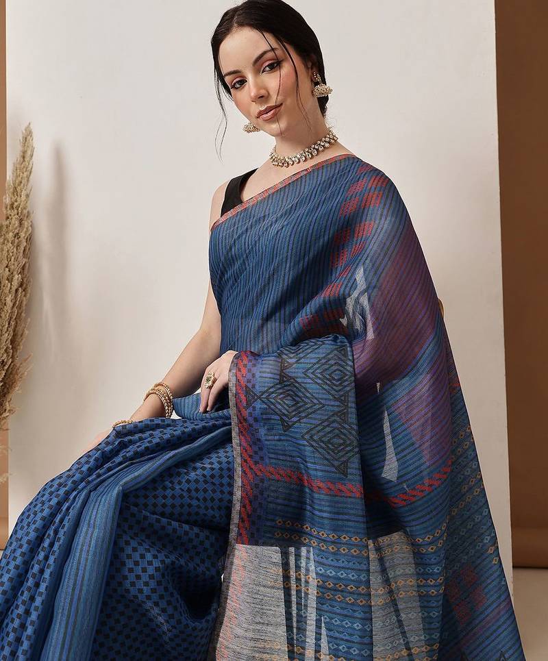 Blue printed silk cotton ethnic saree with blouse piece