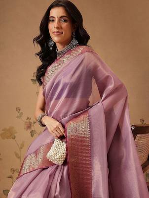 Lavender zari tissue traditional saree with blouse piece 3