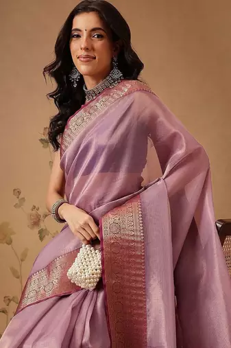 Lavender zari tissue traditional saree with blouse piece