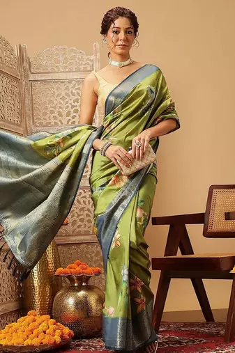 Green printed art silk ethnic saree with blouse piece