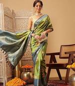 Green printed art silk ethnic saree with blouse piece
