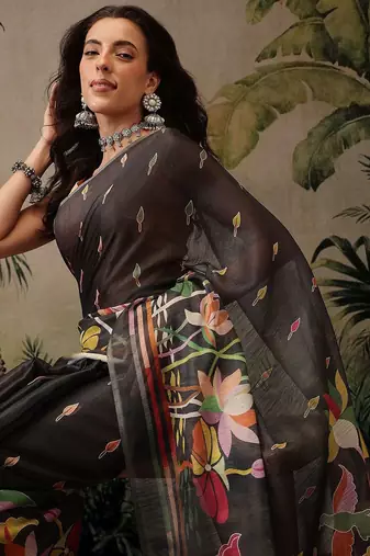 Black printed silk cotton ethnic saree with blouse piece