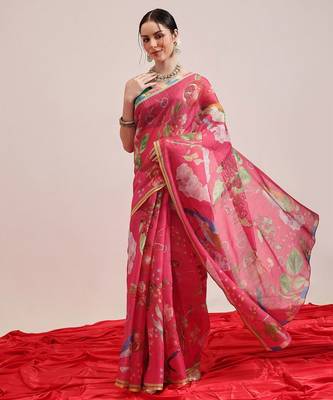 Pink printed silk cotton ethnic saree with blouse piece 2