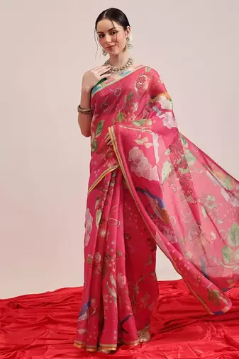 Pink printed silk cotton ethnic saree with blouse piece