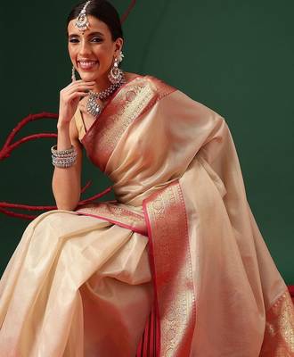 Cream zari tissue traditional saree with blouse piece 2