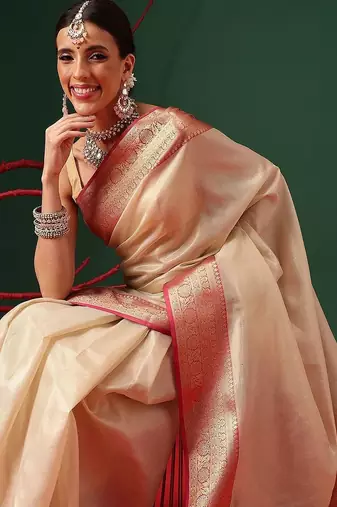 Cream zari tissue traditional saree with blouse piece