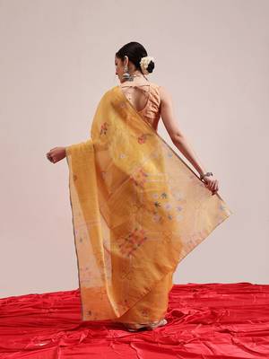 Yellow printed silk cotton ethnic saree with blouse piece 3