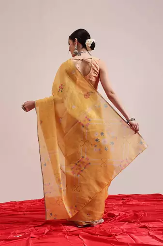 Yellow printed silk cotton ethnic saree with blouse piece