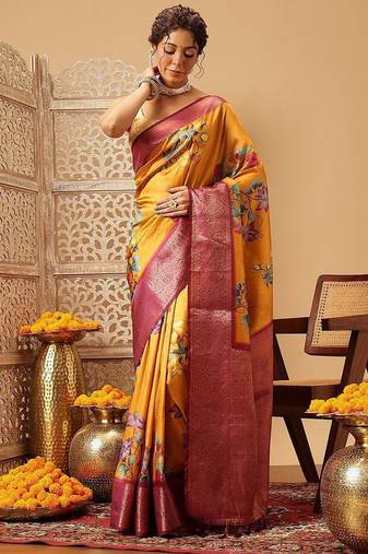 Mustard printed art silk ethnic saree with blouse piece