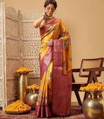 Mustard printed art silk ethnic saree with blouse piece