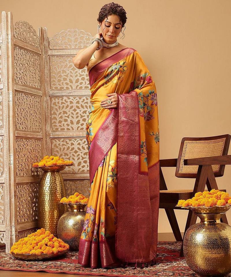 Mustard printed art silk ethnic saree with blouse piece