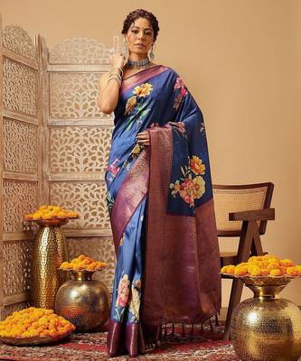 Navy blue printed art silk ethnic saree with blouse piece 1